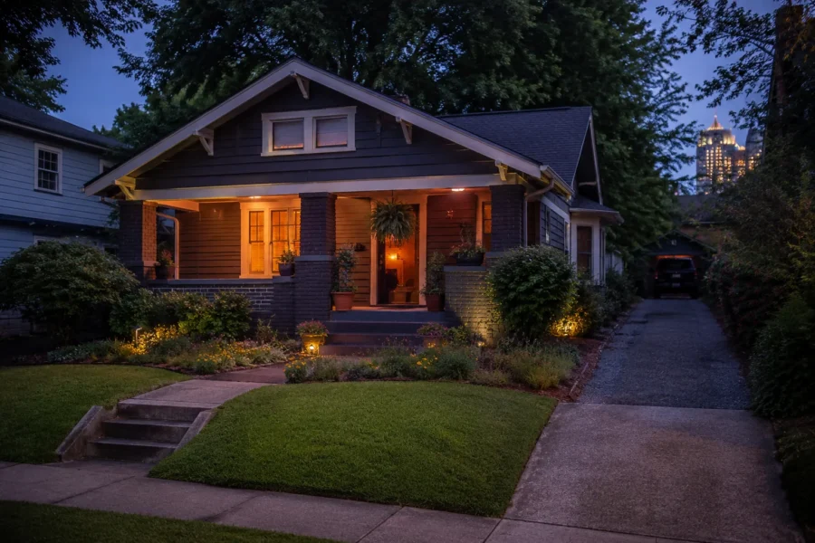 A dark Craftsman bungalow lit at night with a long driveway and the skyline behind