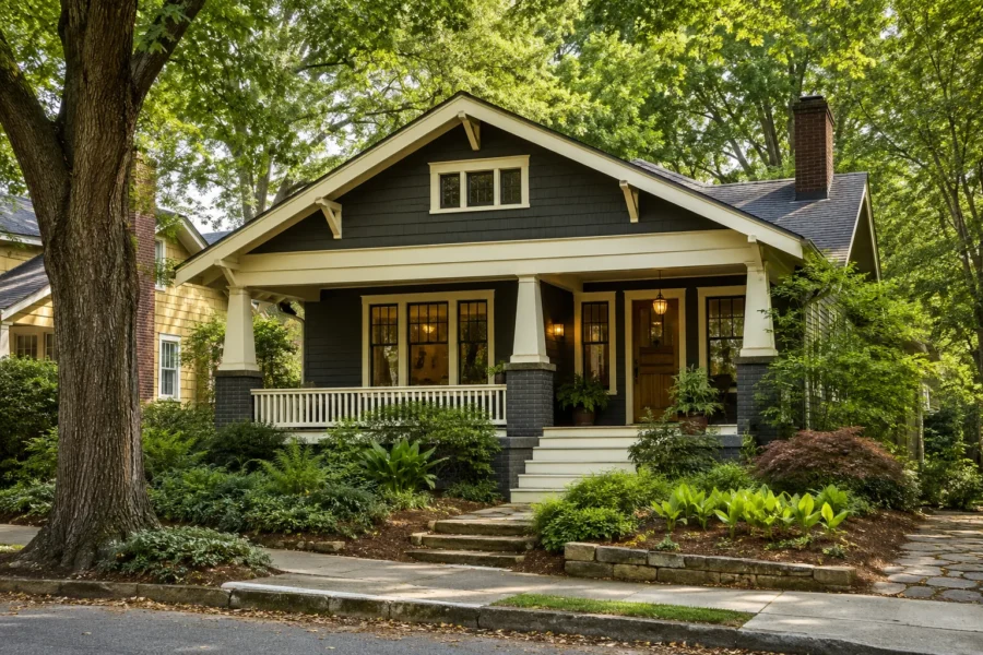 A dark green Craftsman bungalow with a lit porch under mature trees