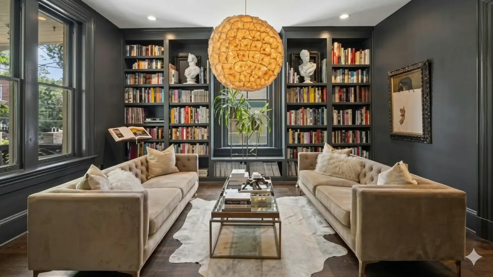 A dark-walled library sitting room with built-in bookshelves and two sofas