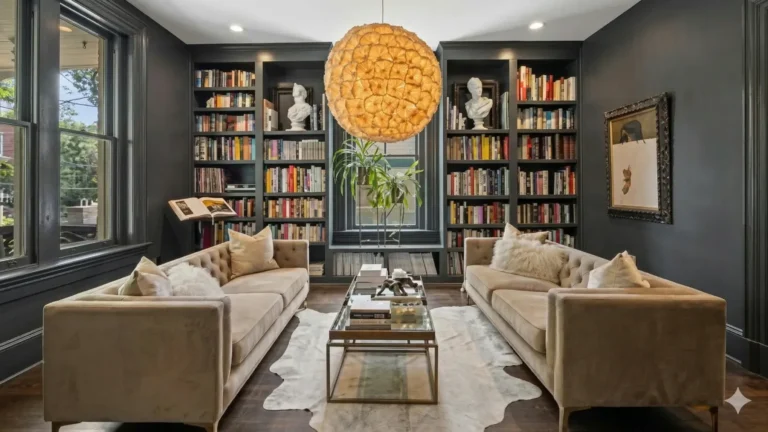 A dark-walled library sitting room with built-in bookshelves and two sofas