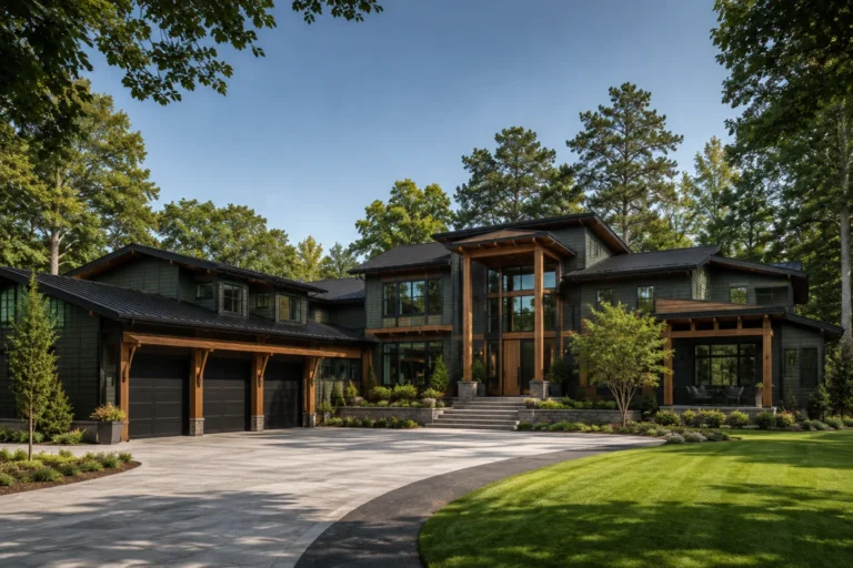 A dark modern house with heavy timber beams and a three-car garage