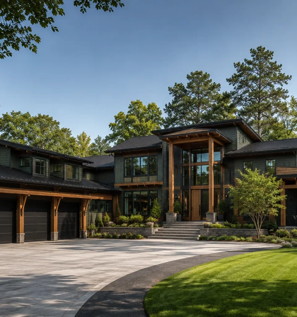 A dark modern house with heavy timber beams and a three-car garage