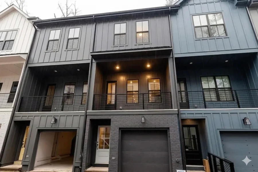 Modern dark clad townhomes with balconies above tandem garages