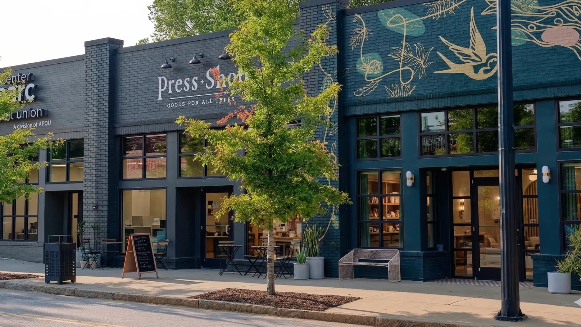A dark painted storefront with a painted mural and cafe seating on the pavement