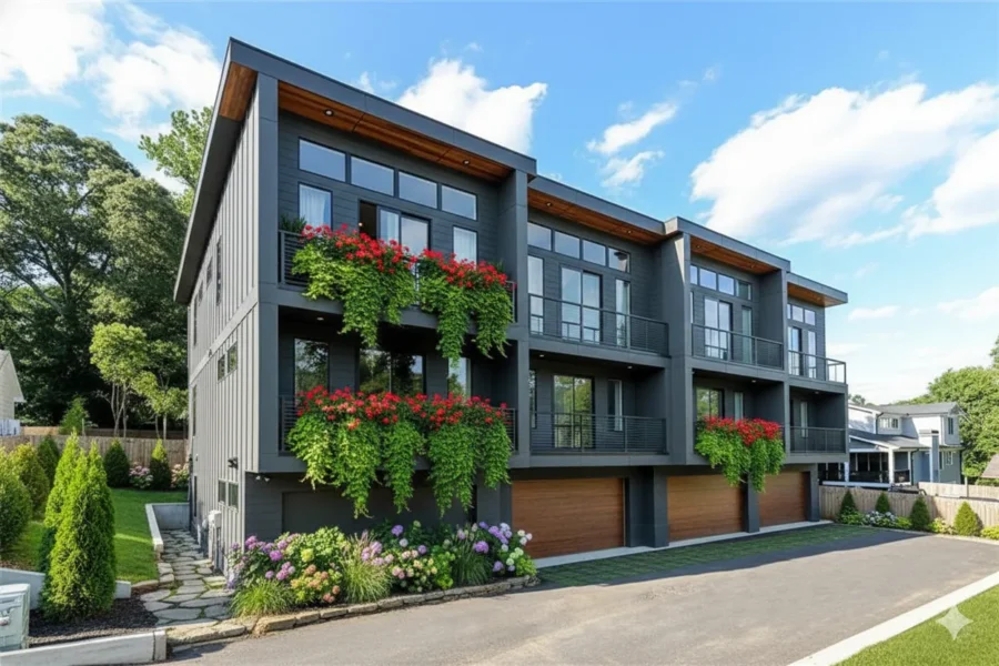 Modern dark townhomes with planted window boxes above tandem garages