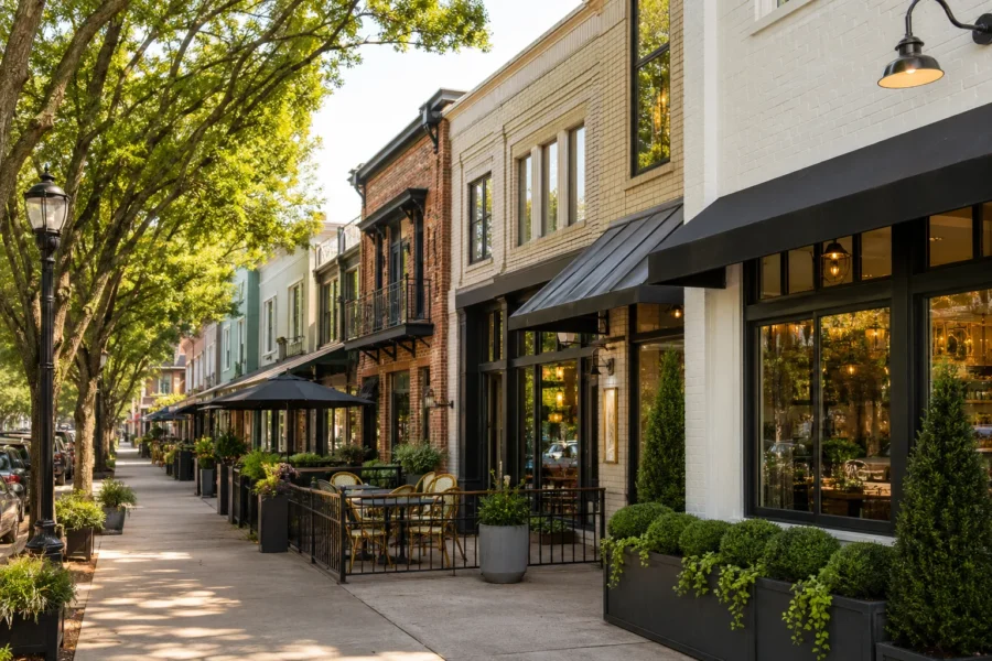 Small-town main street with brick storefronts, awnings and cafe seating under string lights
