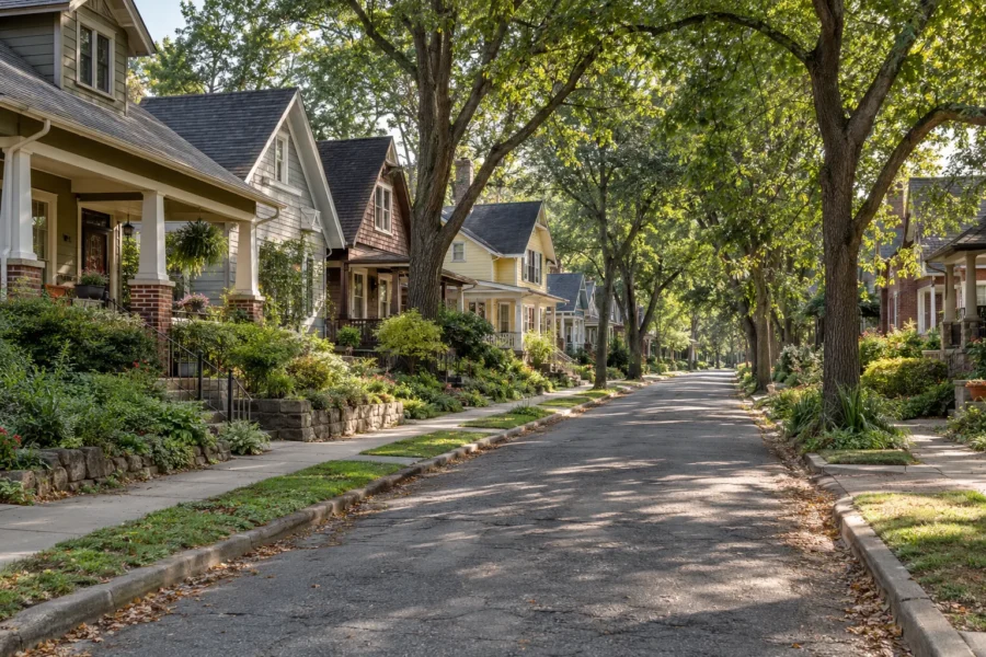 An older intown street of mixed bungalows and cottages with deep porches, low stone garden walls, pavements and a heavy tree canopy