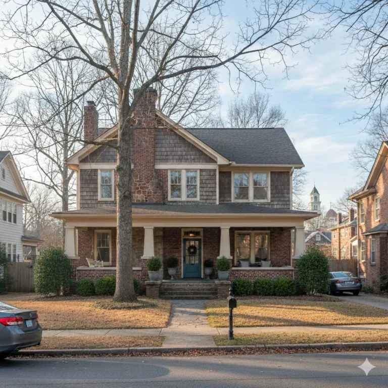 Shingled craftsman with a blue door and a deep porch under a large tree