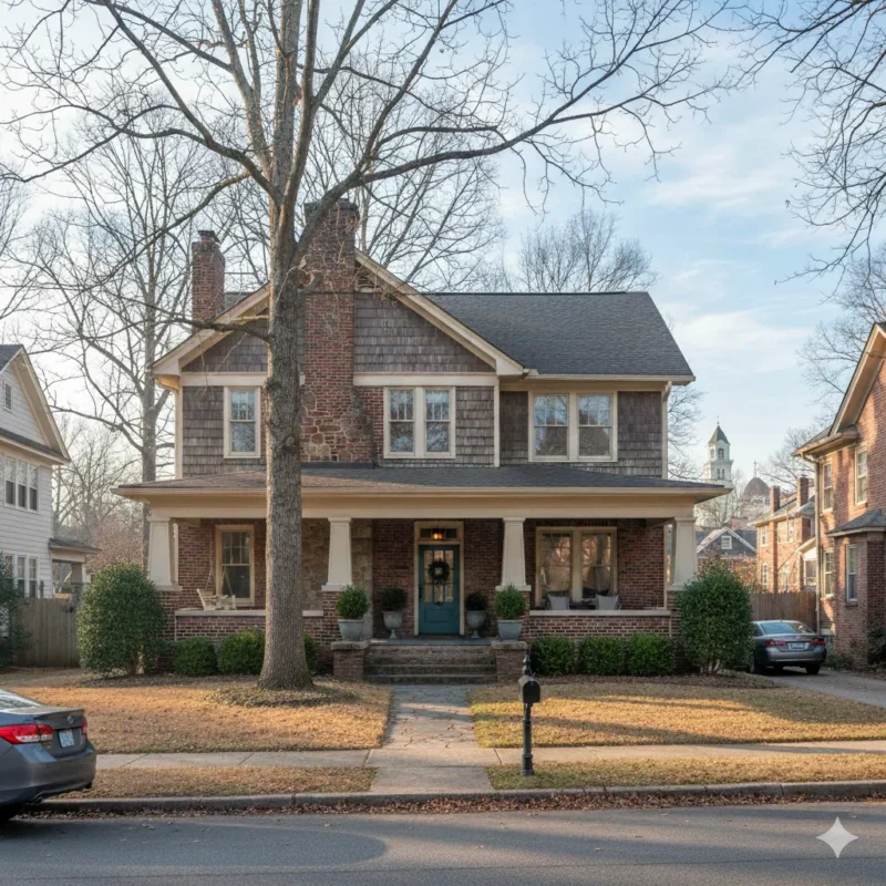 Shingled craftsman with a blue door and a deep porch under a large tree