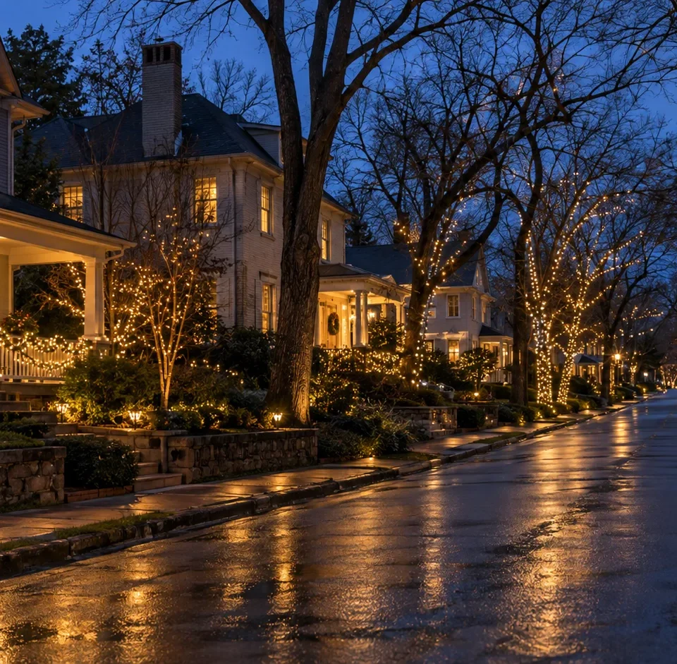 A residential street at blue hour with warm lights