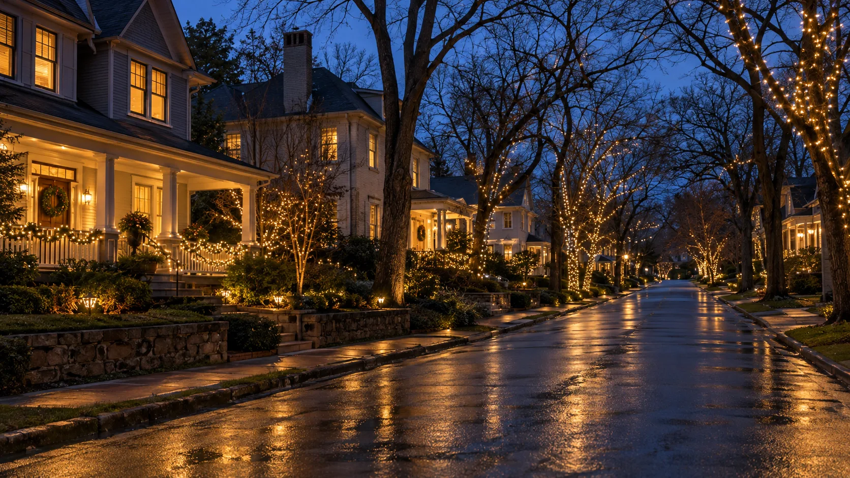 A residential street at blue hour in December with warm white lights outlining porch railings and wrapped around bare tree trunks, wreaths on front doors and reflections on damp pavement