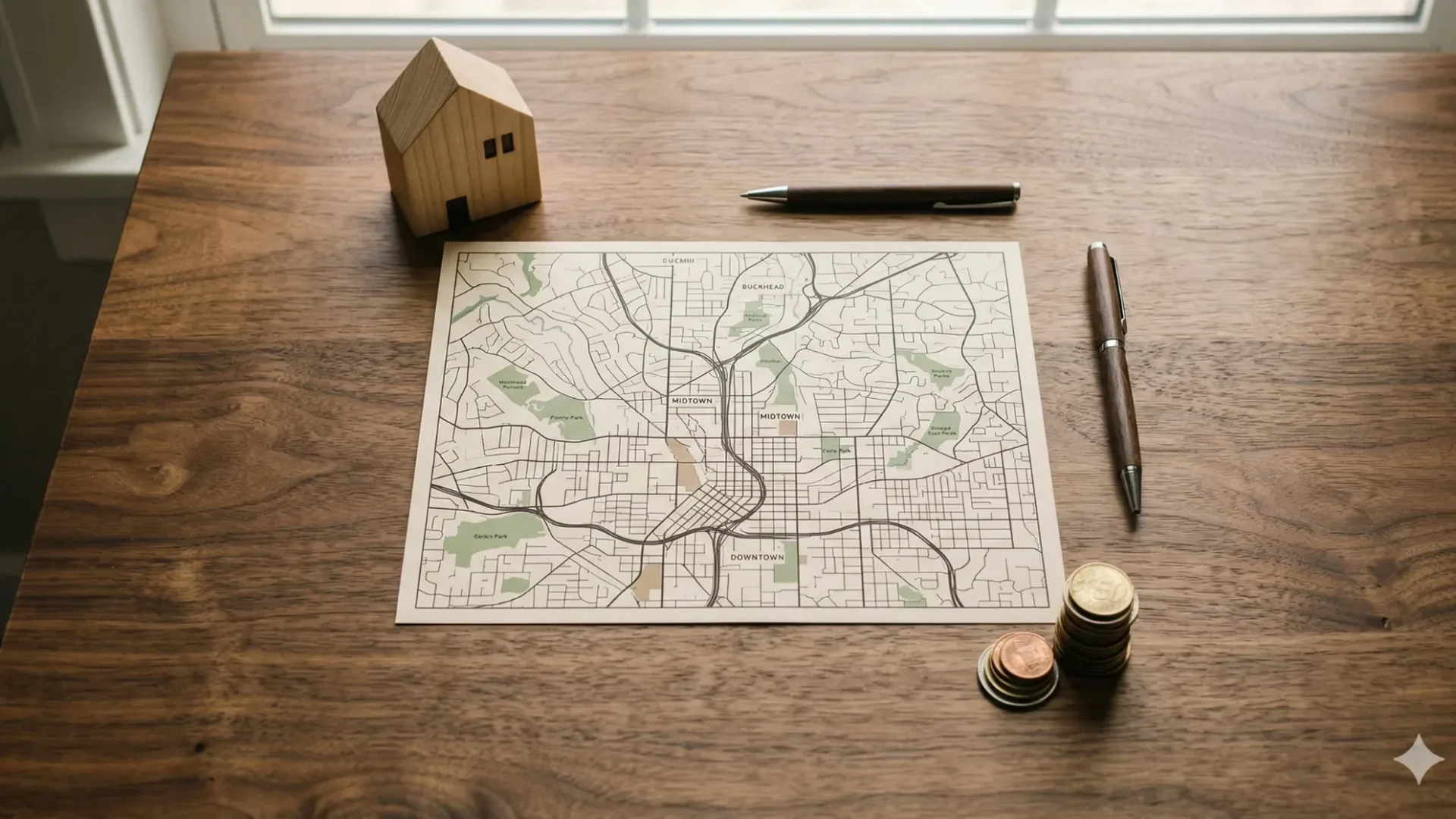 A wooden desk with a paper street map, a small wooden house model and a pen