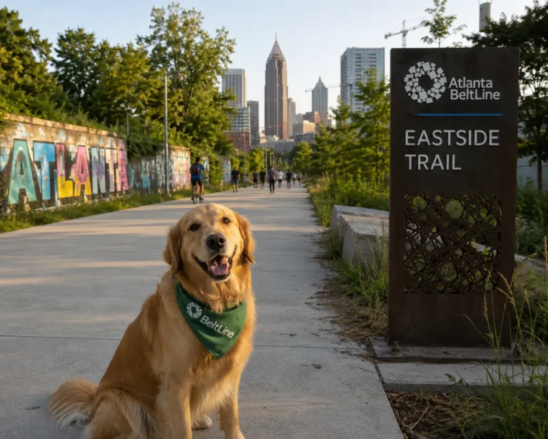 A dog on a paved trail beside a BeltLine Eastside Trail marker with the skyline behind