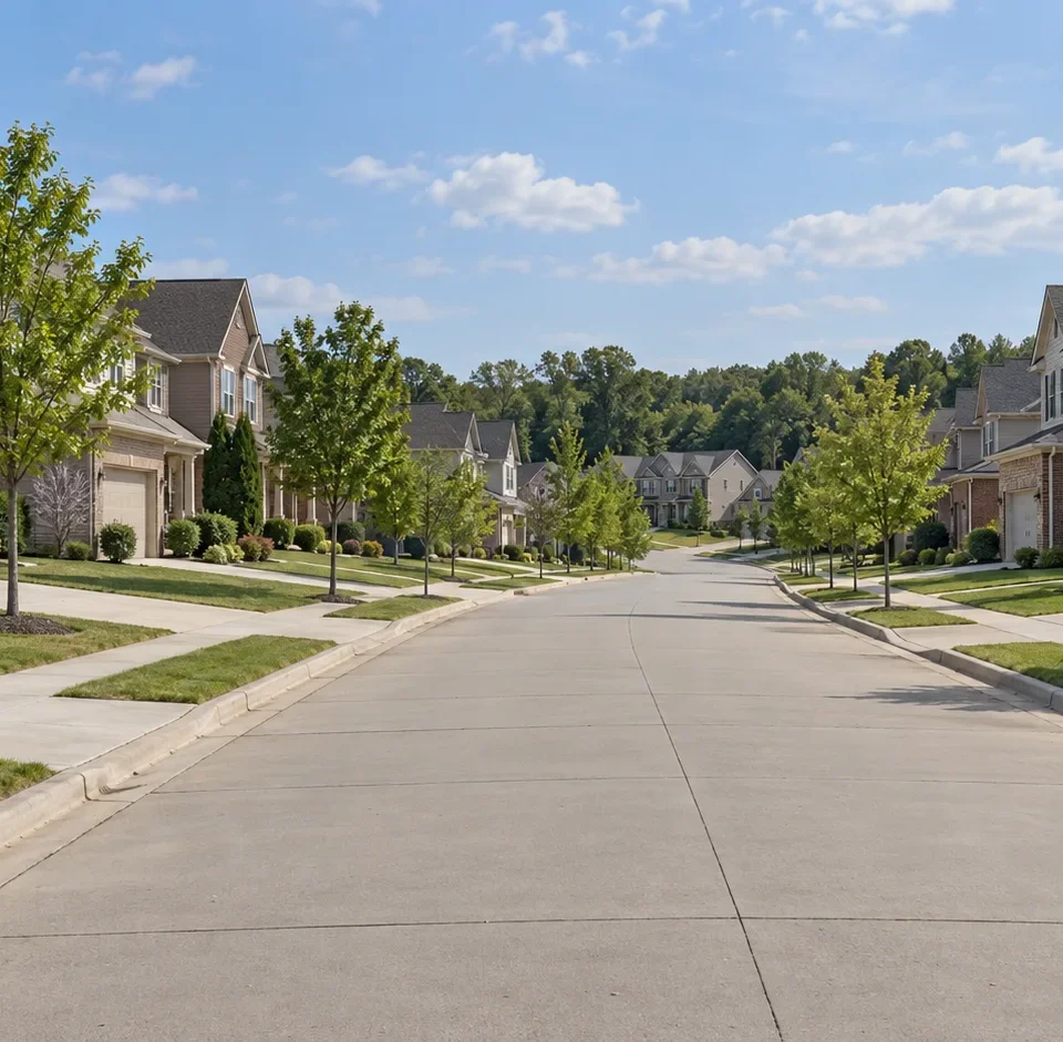 A newer suburban subdivision street of two story homes