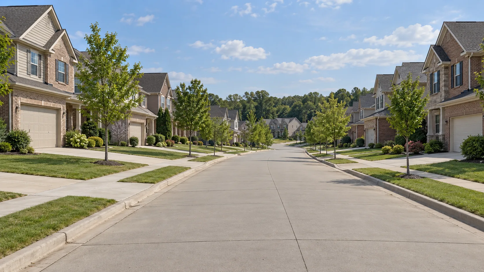 A newer outer suburban subdivision street of two storey brick and siding houses with wide driveways and young street trees in bright daylight