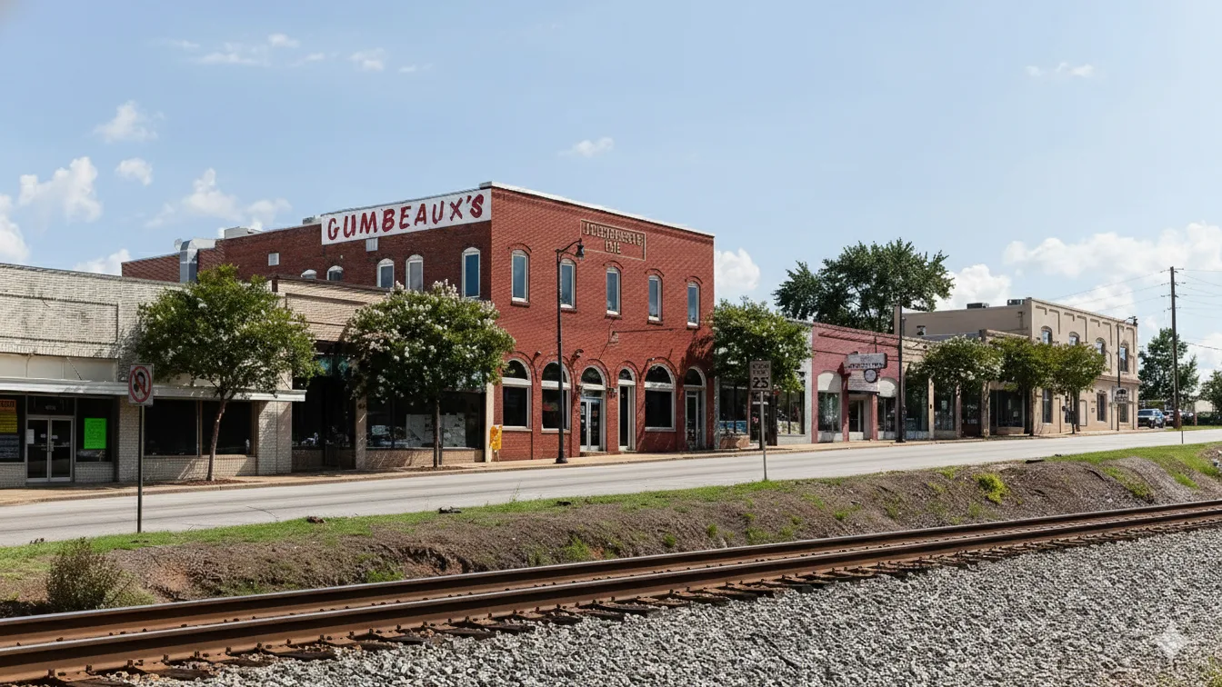 Historic brick downtown commercial row along the railroad tracks
