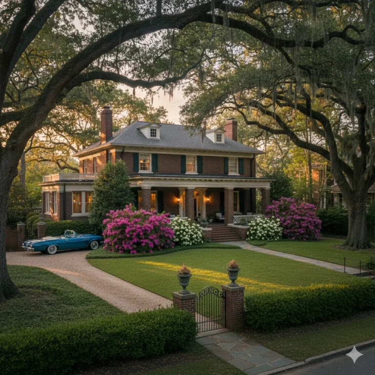 Red brick columned house lit at dusk behind an iron gate