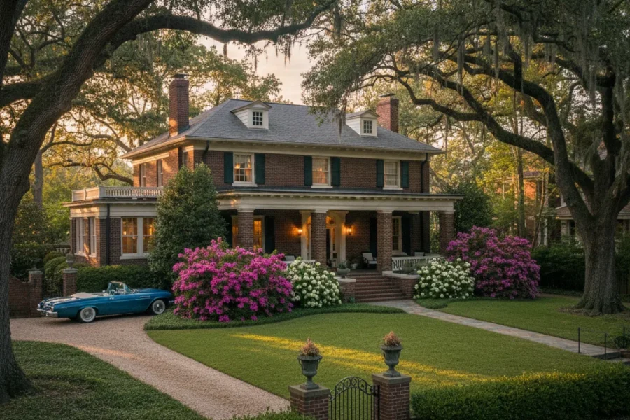 Red brick columned house lit at dusk behind an iron gate