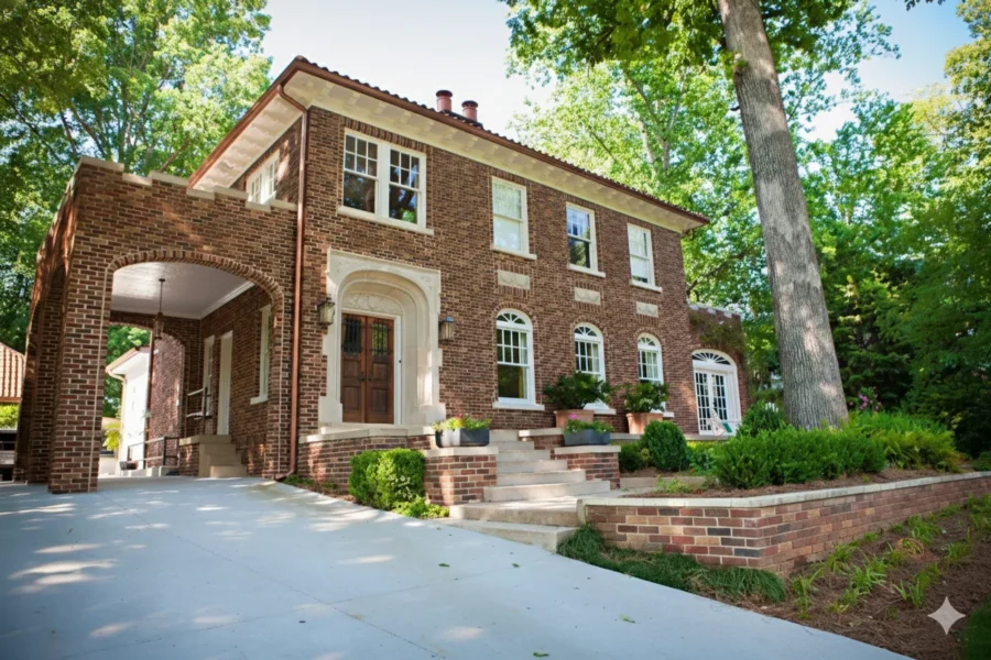 Red brick house with a porte-cochere and a wide concrete drive