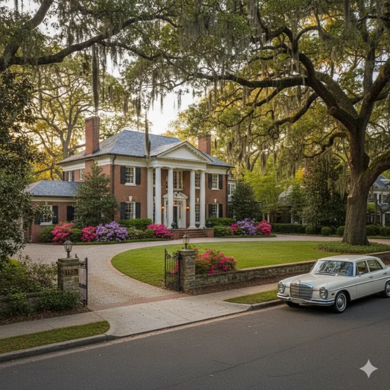 White columned house behind a brick wall under live oaks