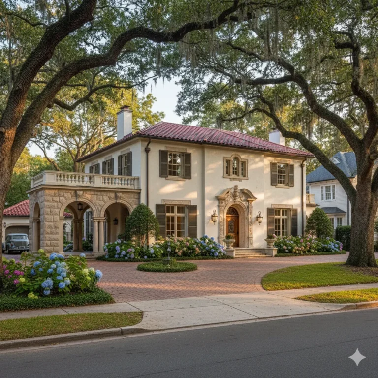 Cream Italianate villa with a tile roof and an arched loggia