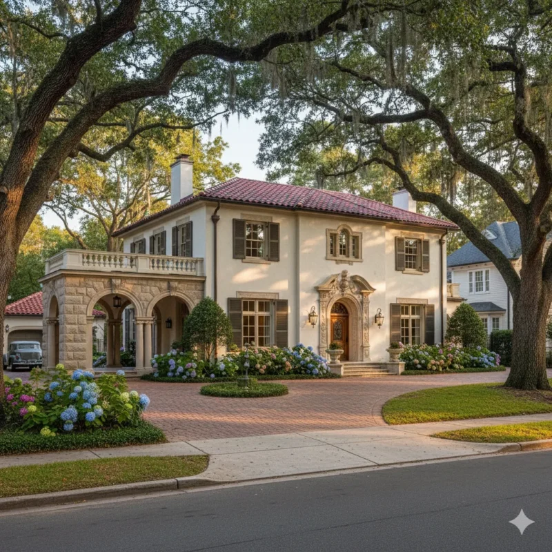 Cream Italianate villa with a tile roof and an arched loggia