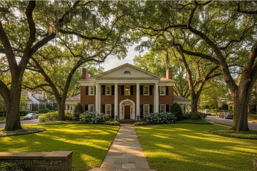 Red brick columned house at the end of a lawn under mossy oaks