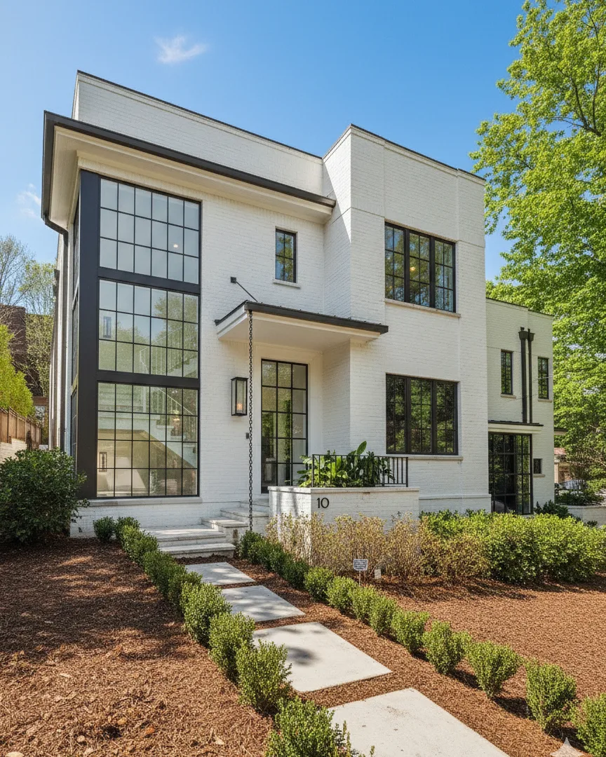 White modern two-story with black windows and a paver walk