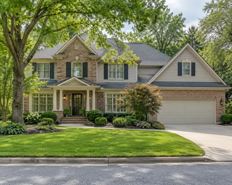 Brick and siding two-story house with a columned porch and attached garage, behind a lawn under mature trees