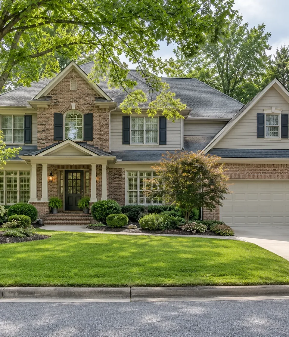 Brick and siding two-story house with a columned porch and attached garage, behind a lawn under mature trees