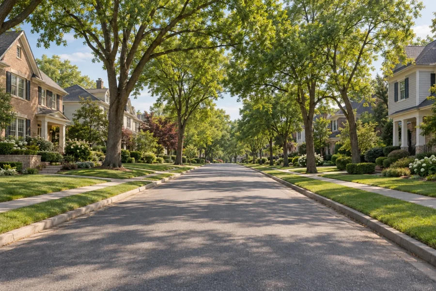 An established suburban street of larger brick and siding family houses with mature shade trees and deep front lawns in summer daylight