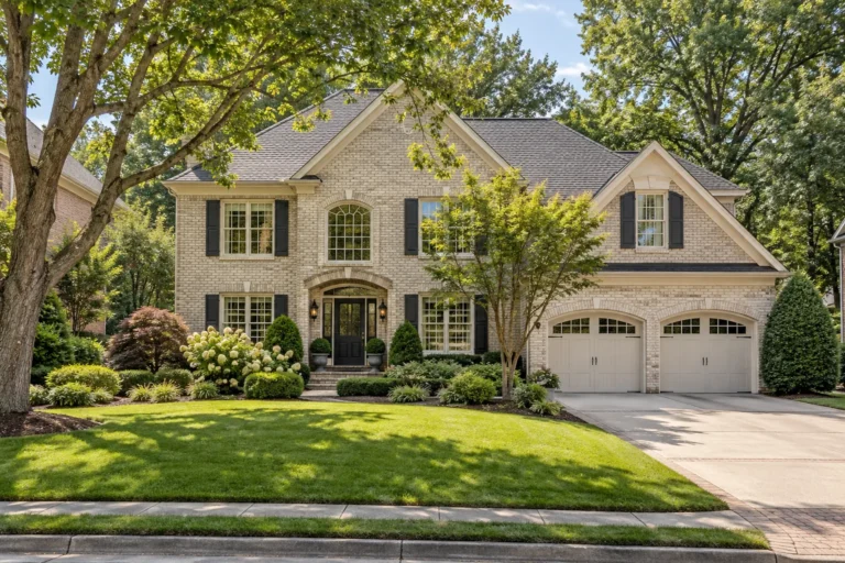 Cream brick two-story house with black shutters, an arched entry and a two-bay garage under mature trees