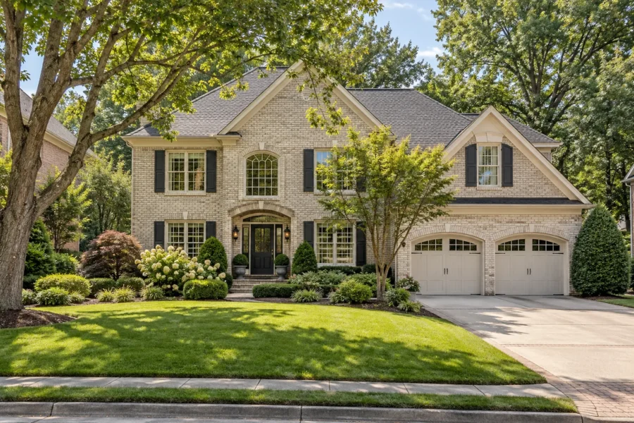 Cream brick two-story house with black shutters, an arched entry and a two-bay garage under mature trees