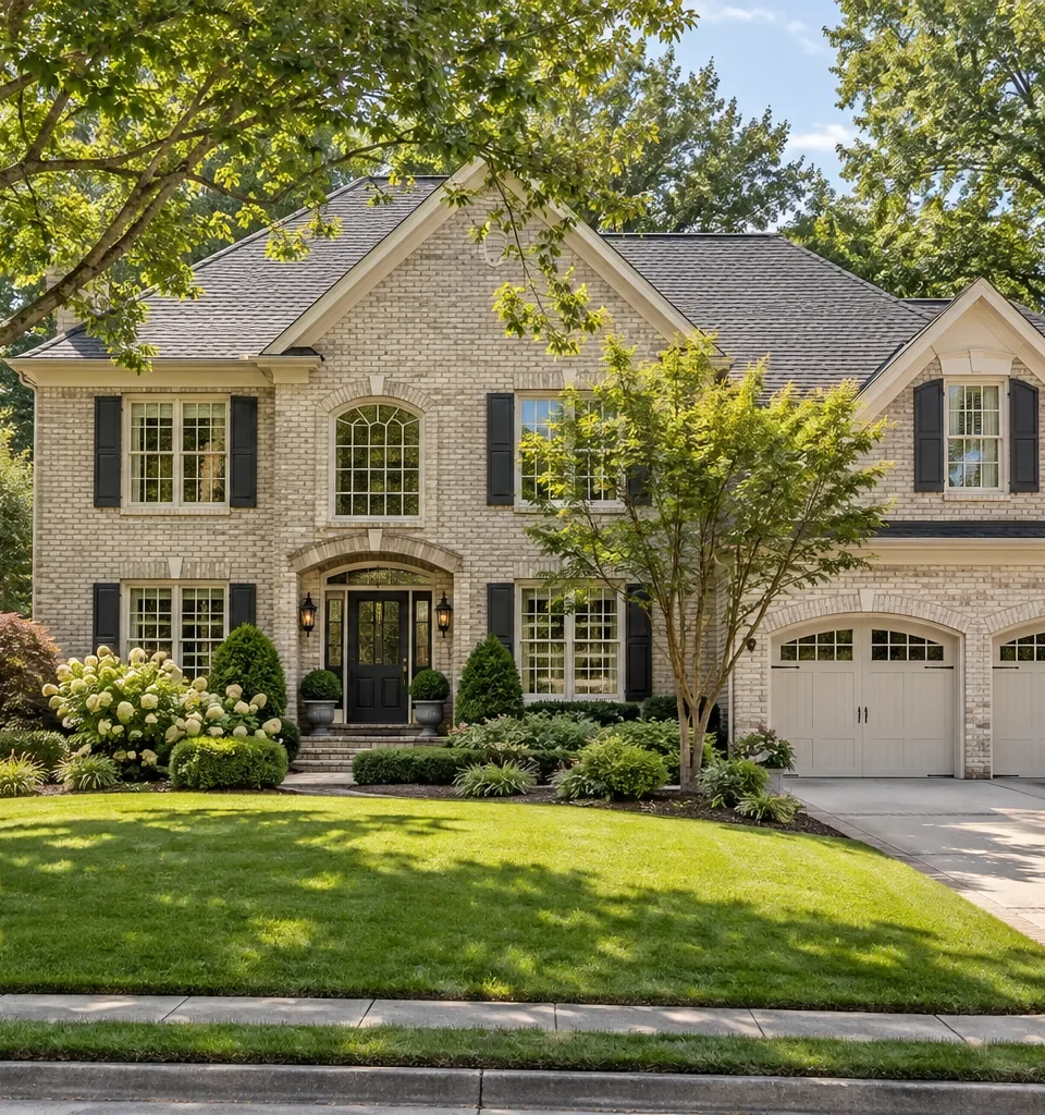 A cream brick two story house with black shutters and an arched entry