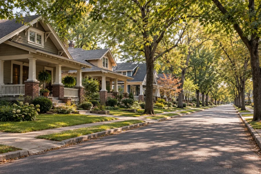 An established intown street of well kept older houses with deep front porches, brick piers and mature trees arching over the road