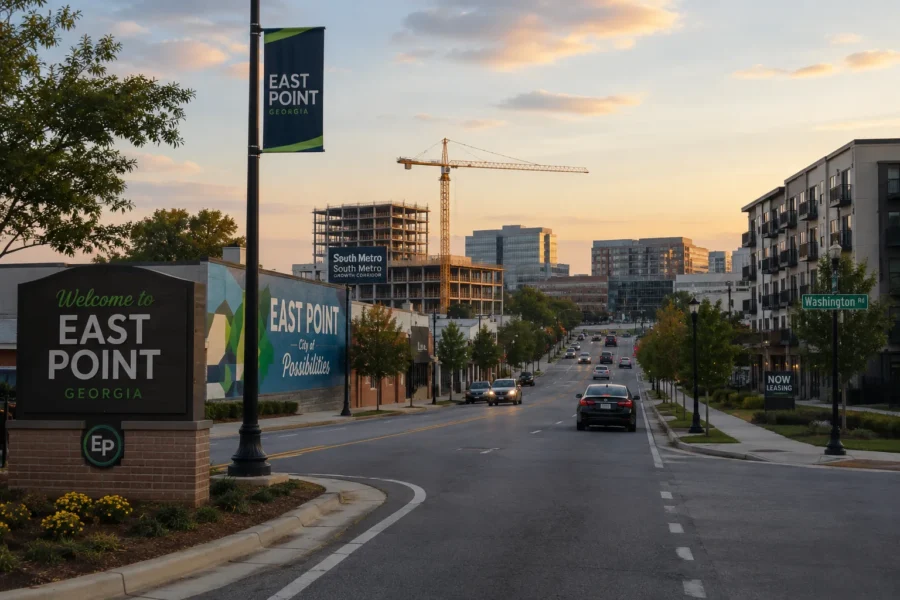 A Welcome to East Point monument sign beside a street with construction cranes and new mid-rise buildings
