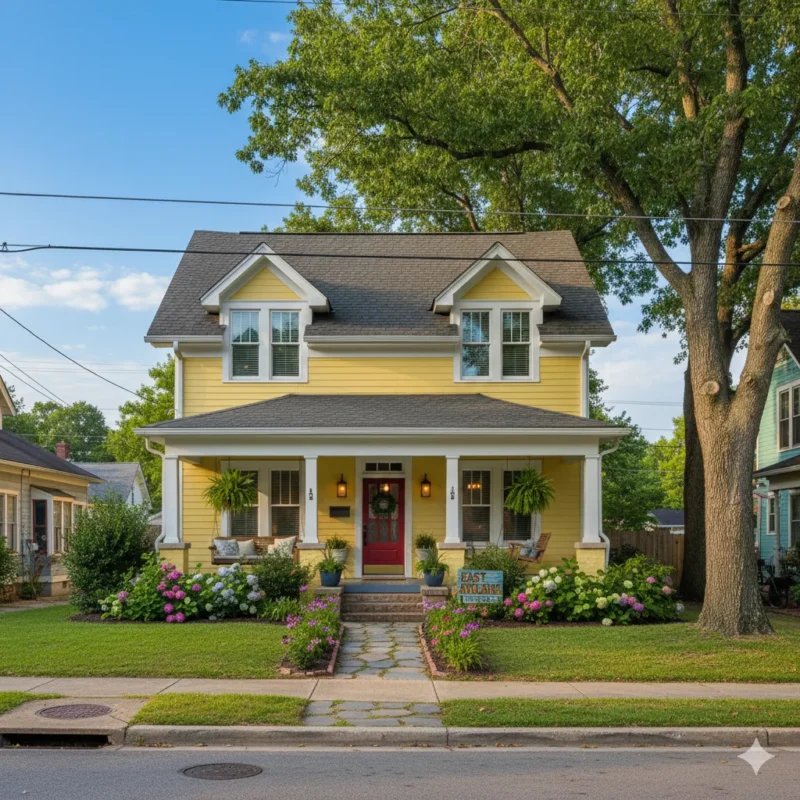 Yellow frame cottage with a red door and a deep porch on a shaded street