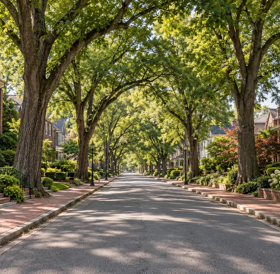 A walkable street with brick sidewalks under a tall tree canopy