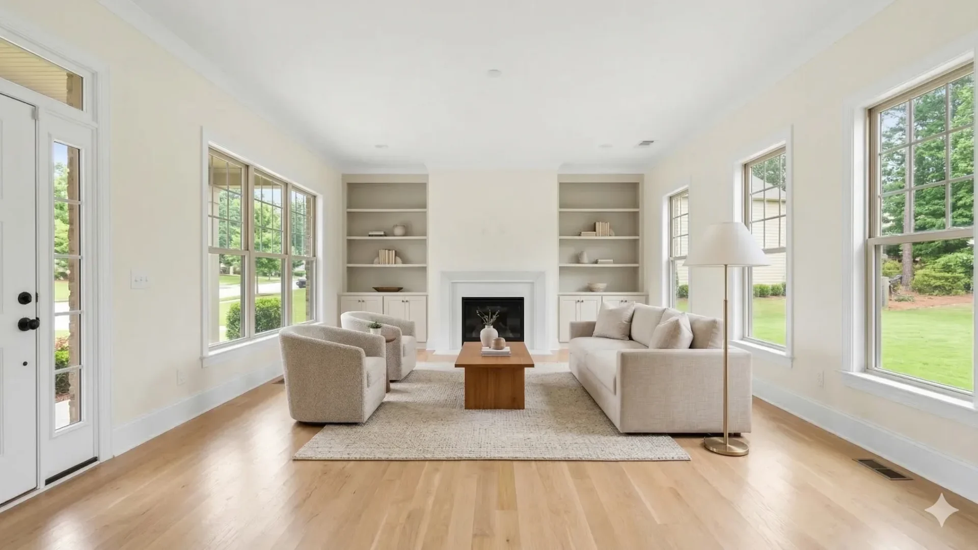 An empty living room with built-in shelving, a fireplace and large windows