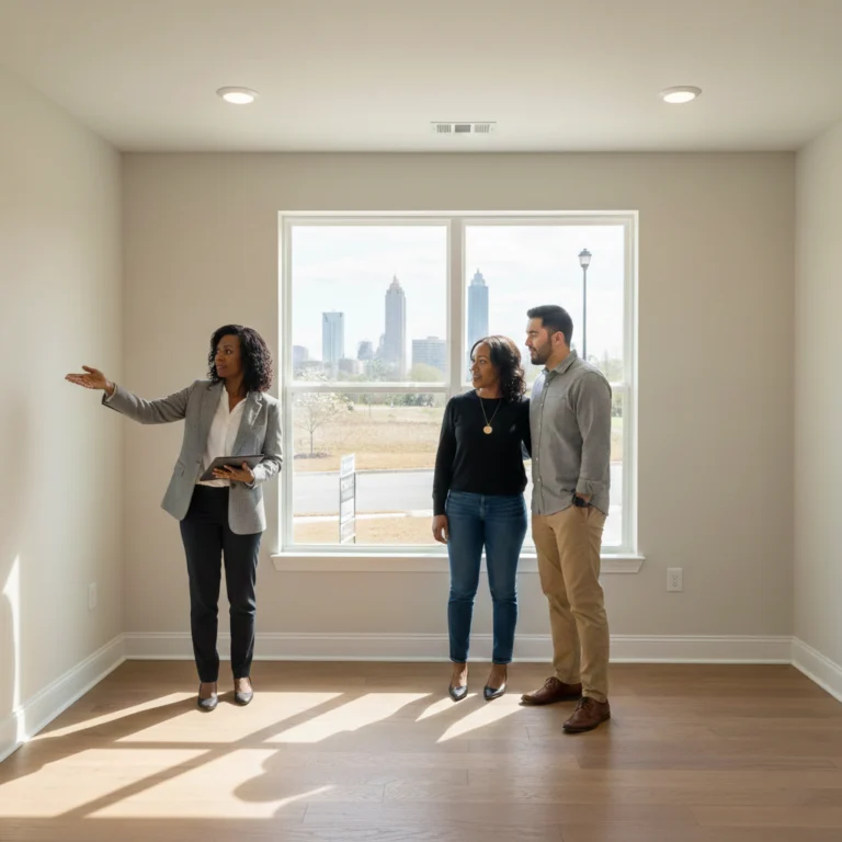 Three people standing in an empty room with hardwood floors, looking out a tall window toward a city skyline