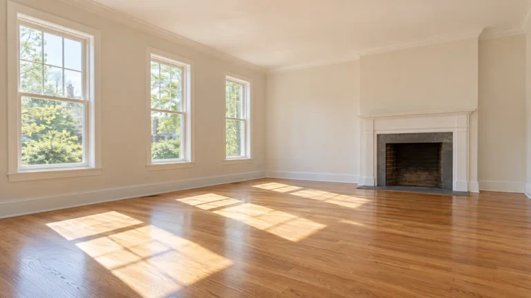 An empty living room with bare refinished oak floors, freshly painted pale walls, tall windows throwing bright rectangles of light across the floor and a plain fireplace with an unadorned mantel