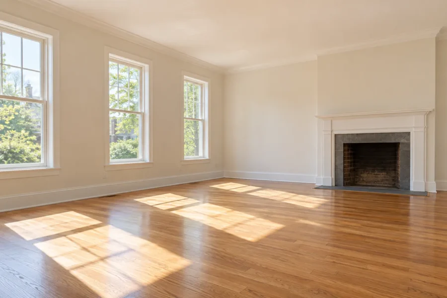An empty sunlit room with hardwood floors, tall windows, and a fireplace