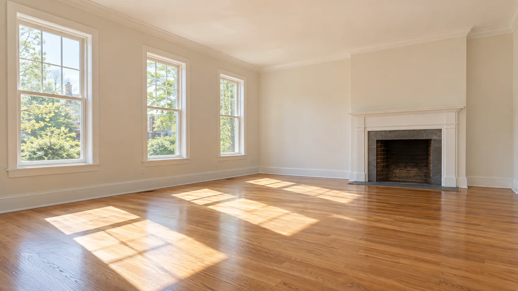 An empty living room with bare refinished oak floors, freshly painted pale walls, tall windows throwing bright rectangles of light across the floor and a plain fireplace with an unadorned mantel