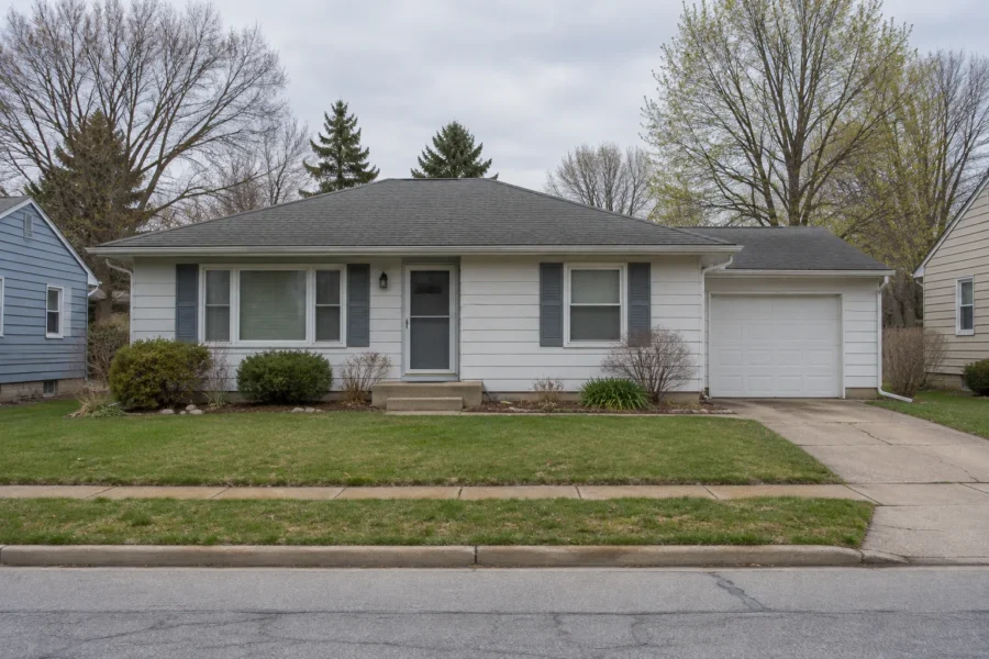 A modest entry price single storey house with pale siding, an attached single garage and a small plain lawn under flat overcast light