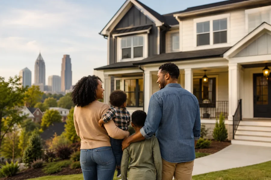 A family of four standing on the lawn looking at a new house with the skyline behind