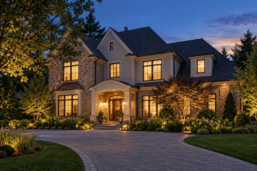 A substantial family home photographed at dusk with warm interior lights on, landscape lighting in the planting beds and a paved forecourt