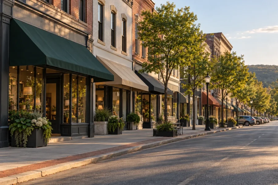 A small town main street of two storey brick storefronts with deep plain awnings, wide pavements, planters and street trees in late afternoon light