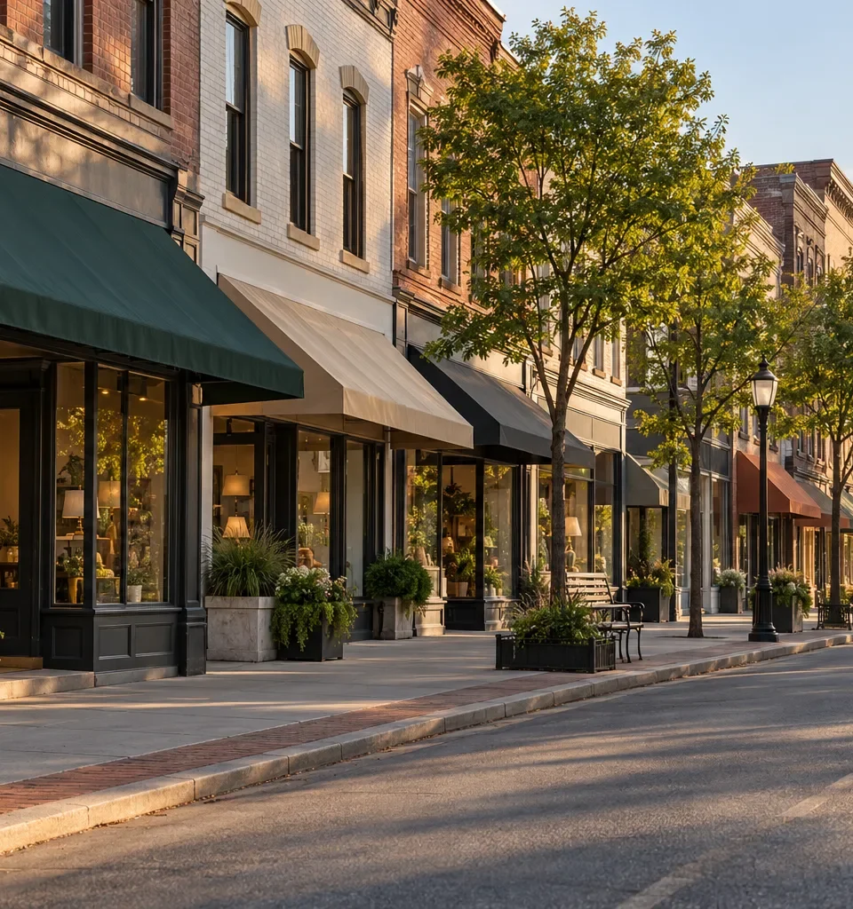 A small town main street of two story brick storefronts