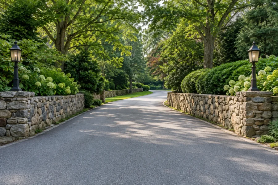 A paved residential lane running between two low fieldstone walls that curve away on both sides, with mature planting, hydrangeas and a pair of plain lamp posts in soft daylight