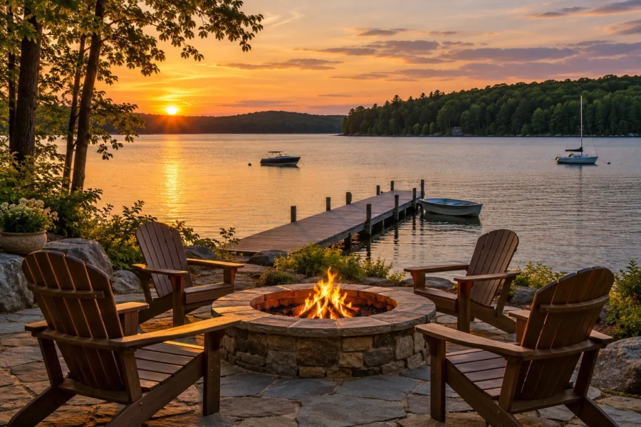 A lit stone fire pit ringed with Adirondack chairs on a terrace above a large lake at golden hour, with a wooden dock and a few moored boats in the middle distance and a wooded shoreline beyond